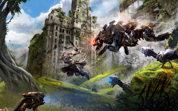 HD desktop wallpaper of Aloy from Horizon Zero Dawn, depicting an intense battle scene against robotic creatures with a ruined castle in the background, showcasing the game's iconic lush and detailed environment.