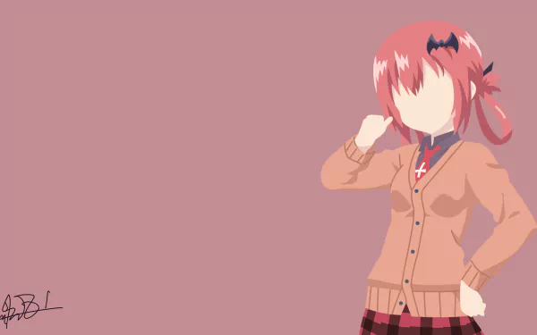 4K Ultra HD anime wallpaper of Satanichia Kurumizawa McDowell from Gabriel DropOut, featuring her in a school uniform against a solid muted pink background.
