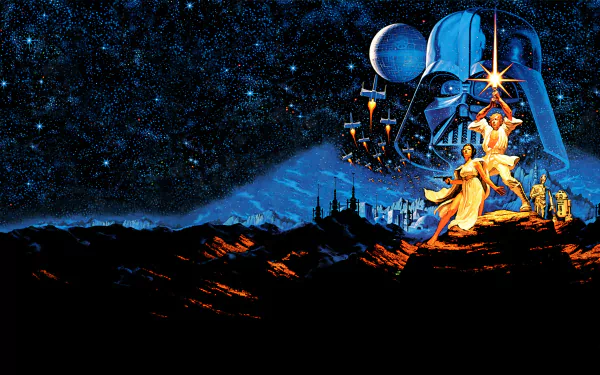 HD desktop wallpaper featuring Star Wars Episode IV: A New Hope with Luke Skywalker, R2-D2, C-3PO, Princess Leia Organa, Darth Vader, and the Death Star against a starry background.