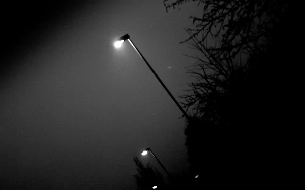 Black & White photography 4K Ultra HD PC desktop wallpaper: dim streetlights cutting through fog, silhouetted tree branches framing a moody night sky.