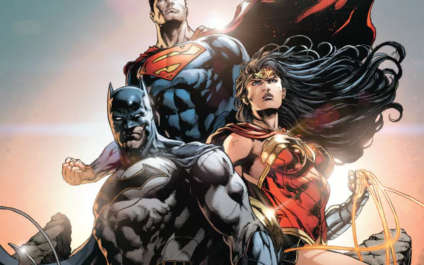 HD PC desktop wallpaper featuring DC Comics' iconic Trinity: Batman, Superman, and Wonder Woman in dynamic comic-style artwork.