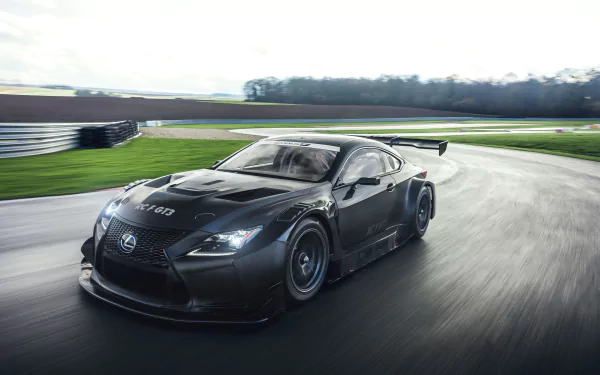 Black Lexus RC F GT3 race car on a wet racetrack, sleek Lexus RC high-performance vehicle in motion — 4K Ultra HD PC desktop wallpaper background.