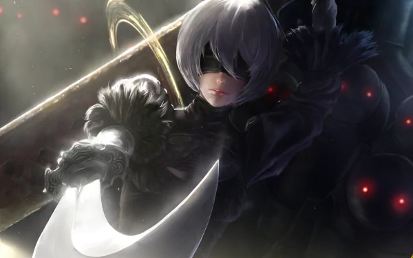 HD desktop wallpaper featuring YoRHa No.2 Type B from NieR: Automata, blindfolded with short white hair, wielding a sword against a dynamic background.