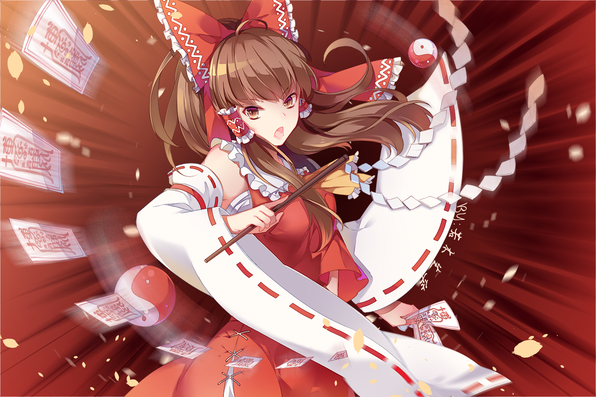 HD PC desktop wallpaper featuring Reimu Hakurei from the Touhou anime, depicted in dynamic action with vibrant red tones and traditional shrine maiden attire.
