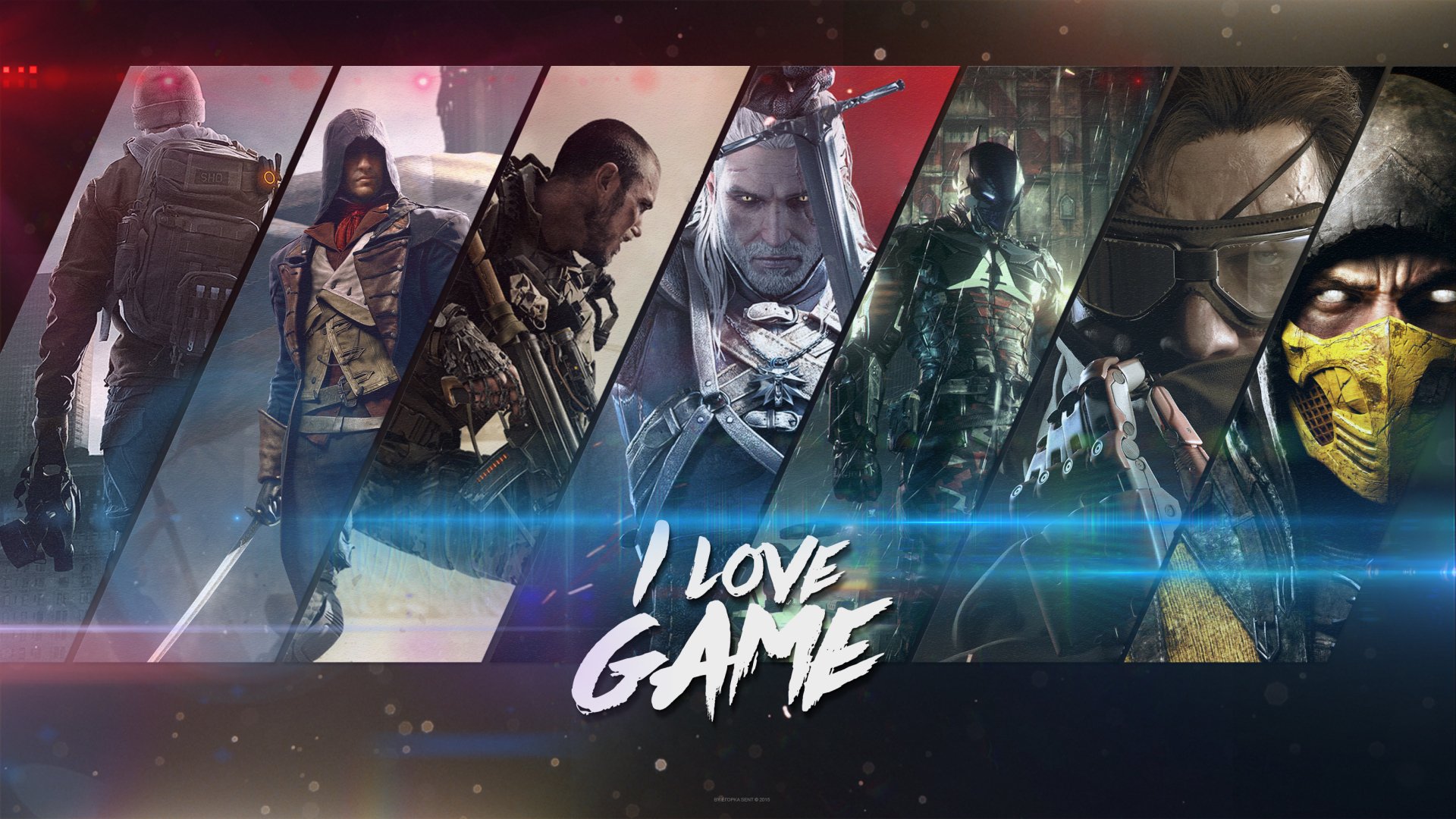 HD PC desktop wallpaper featuring a dynamic collage of iconic characters from Assassin's Creed: Unity, Call of Duty: Advanced Warfare, Batman: Arkham Knight, Metal Gear Solid, Mortal Kombat, and The Witcher.