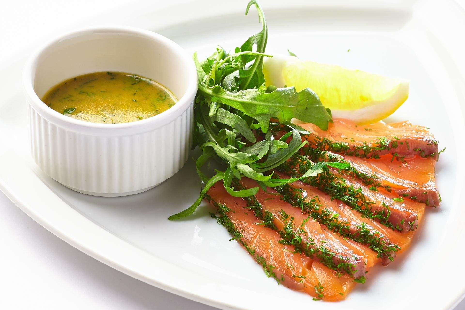 HD PC desktop wallpaper and background: thinly sliced salmon on a white plate with arugula, lemon wedge and dipping sauce — seafood, food, fish.
