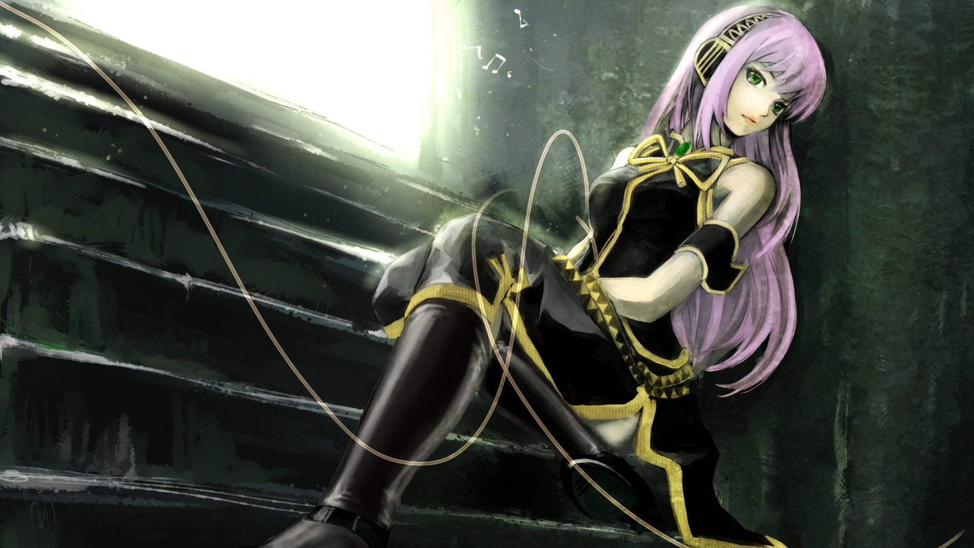 HD desktop wallpaper featuring Luka Megurine from Vocaloid. She has long pink hair, green eyes, and is wearing a black dress. She sits on stairs, exuding an elegant anime aesthetic.