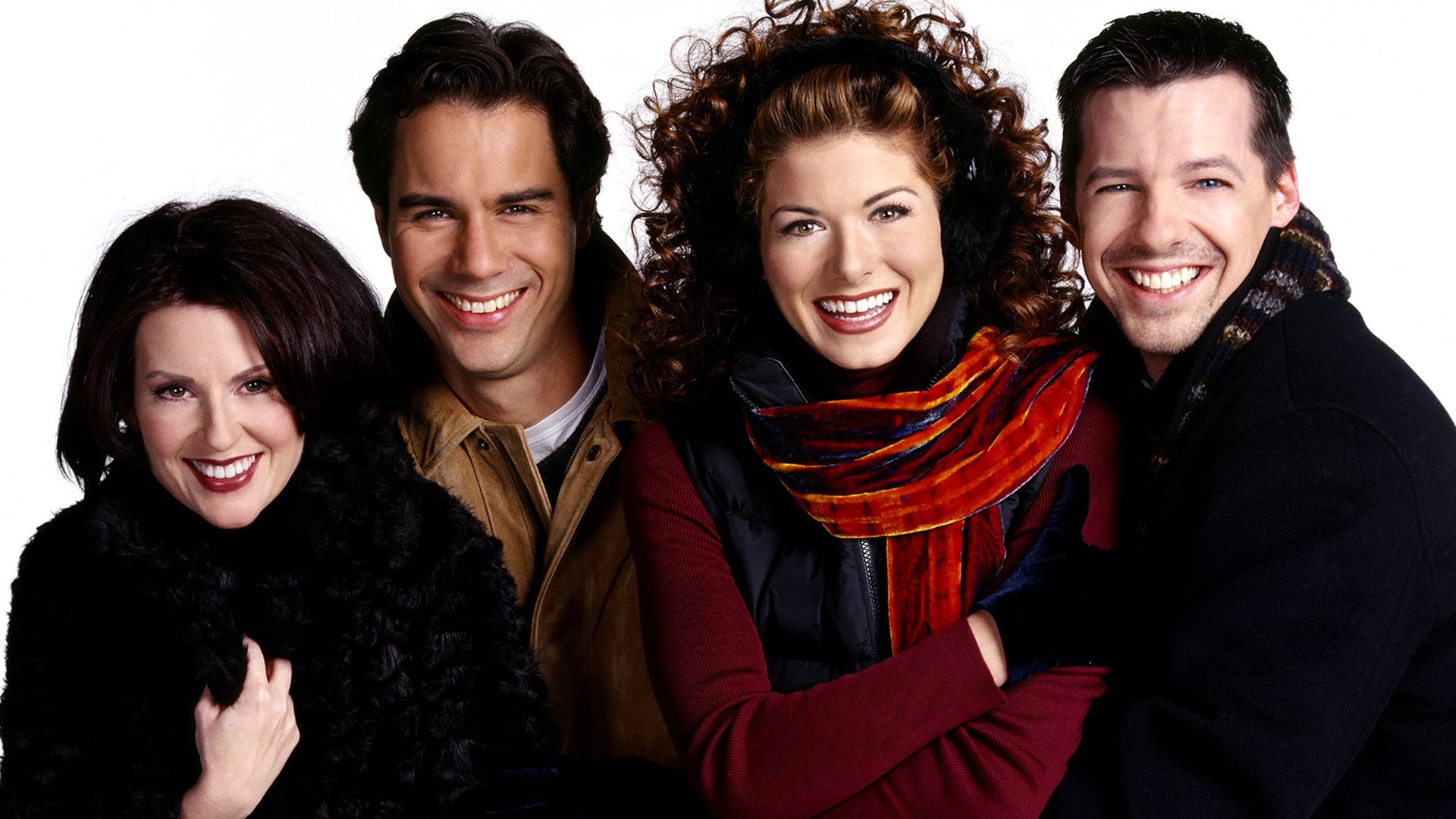 Cast of the TV show Will & Grace (1998) smiling together in a high-definition desktop wallpaper background.