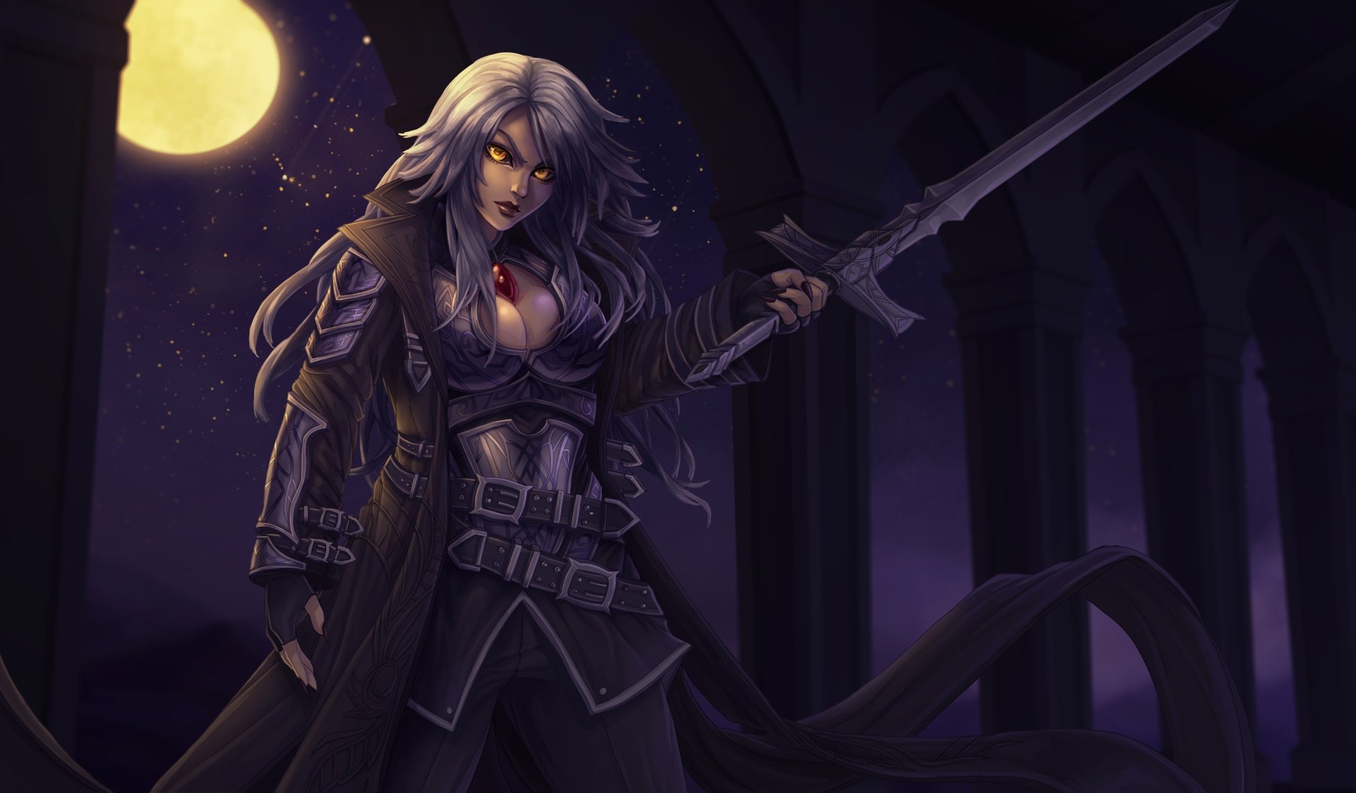 A white-haired woman warrior with glowing yellow eyes brandishes a sword under a full moon in a dark fantasy night scene, rendered in 8K Ultra HD.