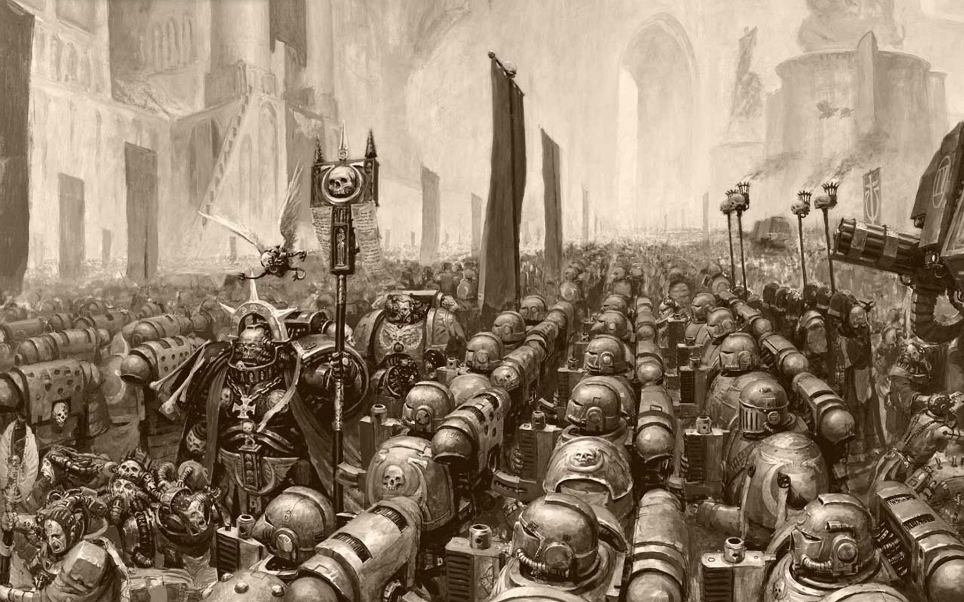 A stunning HD wallpaper depicting a heroic fantasy warrior leading a massive army of armored soldiers in a dramatic Sci-Fi battle scene inspired by Warhammer.