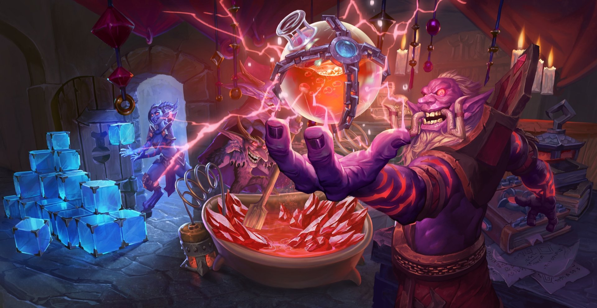 Hearthstone: Heroes of Warcraft 8K Ultra HD PC wallpaper — purple troll warlock brews a glowing potion amid lightning and crystals in a shadowy arcane lab.
