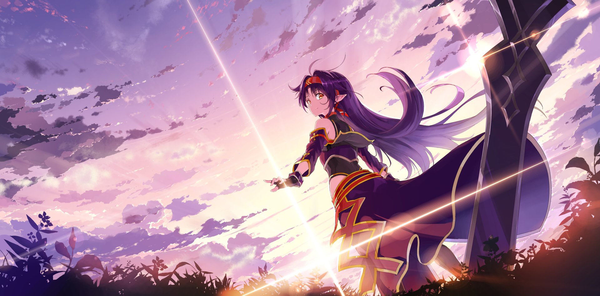 Anime HD desktop wallpaper of Yuuki Konno from Sword Art Online II. The image features Yuuki with her sword against a vibrant, glowing sky background.