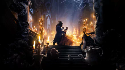 HD wallpaper featuring Dan Stevens and Emma Watson dancing in a grand ballroom scene from the 2017 movie Beauty and the Beast, illuminated by golden candlelight.
