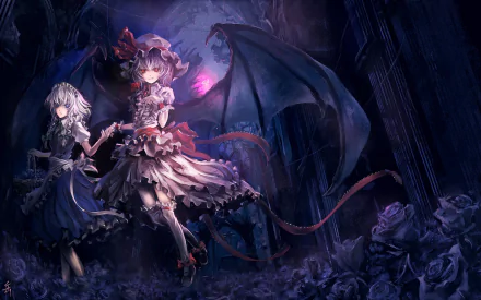 HD desktop wallpaper of anime characters Sakuya Izayoi and Remilia Scarlet from Touhou, set against a night backdrop with a full moon and dark, gothic architecture.