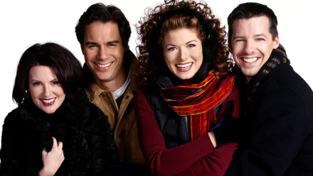 Cast of the TV show Will & Grace (1998) smiling together in a high-definition desktop wallpaper background.