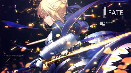 HD desktop wallpaper featuring Saber from the Fate Series, specifically Fate/Stay Night, showcasing dynamic and vibrant artwork with Saber in armor holding a sword amidst glowing sparks.