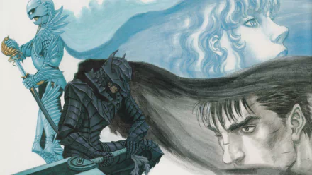 A dynamic HD anime wallpaper featuring characters from Berserk, showcasing powerful figures amidst striking contrasts and emotive expressions.