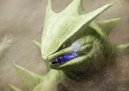 HD anime-style desktop wallpaper featuring a detailed close-up of Tyranitar, the powerful Pokémon, showcasing its fierce expression and textured green scales.