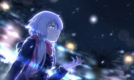 HD desktop wallpaper featuring Yuzuki Yukari from Vocaloid. The anime character stands against a night sky with softly glowing lights and softly falling snow, creating a serene and mystical atmosphere.