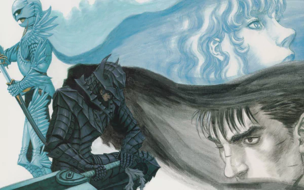 A dynamic HD anime wallpaper featuring characters from Berserk, showcasing powerful figures amidst striking contrasts and emotive expressions.