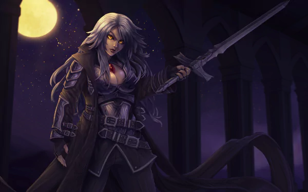A white-haired woman warrior with glowing yellow eyes brandishes a sword under a full moon in a dark fantasy night scene, rendered in 8K Ultra HD.