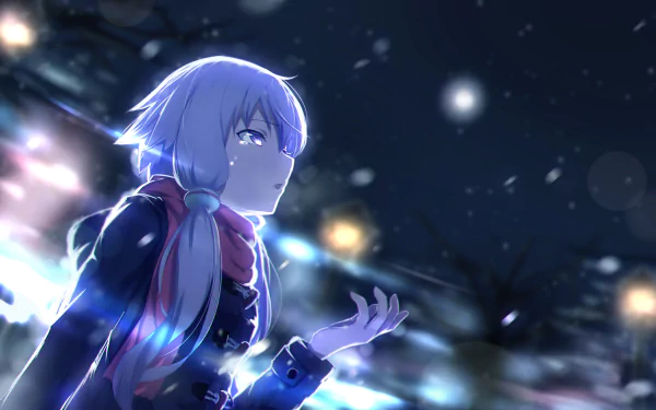 HD desktop wallpaper featuring Yuzuki Yukari from Vocaloid. The anime character stands against a night sky with softly glowing lights and softly falling snow, creating a serene and mystical atmosphere.