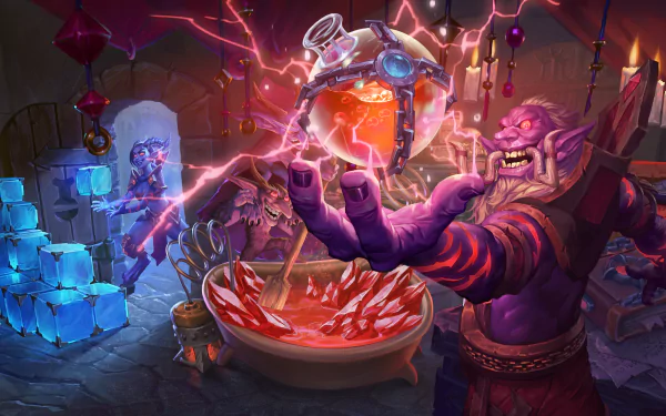 Hearthstone: Heroes of Warcraft 8K Ultra HD PC wallpaper — purple troll warlock brews a glowing potion amid lightning and crystals in a shadowy arcane lab.