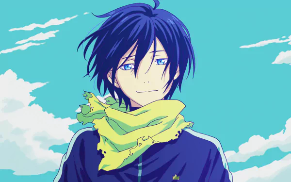 HD desktop wallpaper of Yato from the anime Noragami. The image features Yato with blue hair, a yellow scarf, and a serene expression against a vibrant sky with clouds.