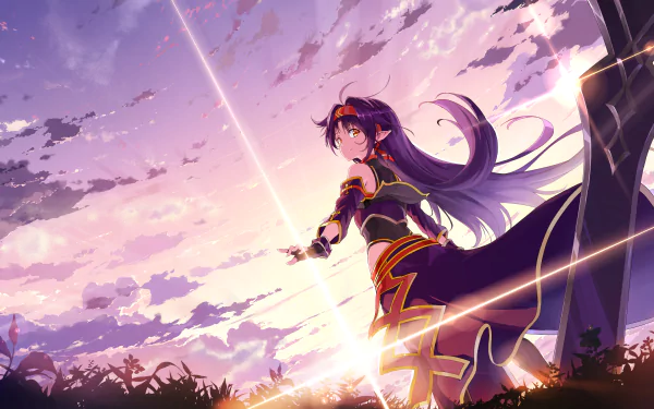 Anime HD desktop wallpaper of Yuuki Konno from Sword Art Online II. The image features Yuuki with her sword against a vibrant, glowing sky background.