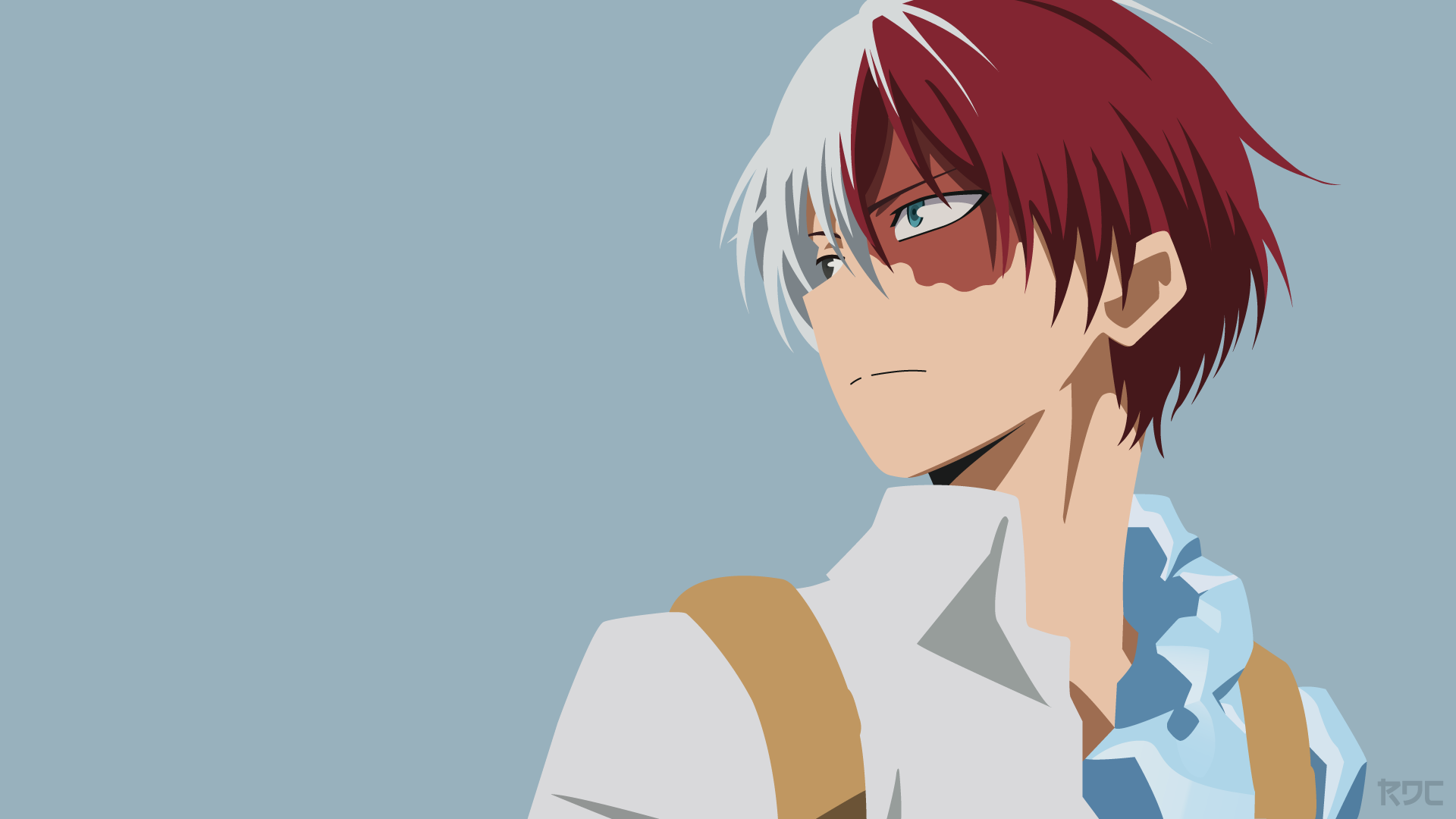 Anime-style 4K Ultra HD desktop wallpaper featuring Shoto Todoroki from My Hero Academia with his distinctive red and white hair against a muted blue background.