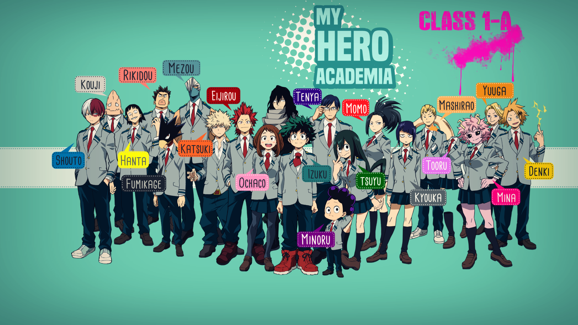 HD wallpaper featuring characters from My Hero Academia's Class 1-A in their school uniforms. Characters like Izuku Midoriya, Katsuki Bakugou, Ochaco Uraraka, and Shouta Aizawa are included.