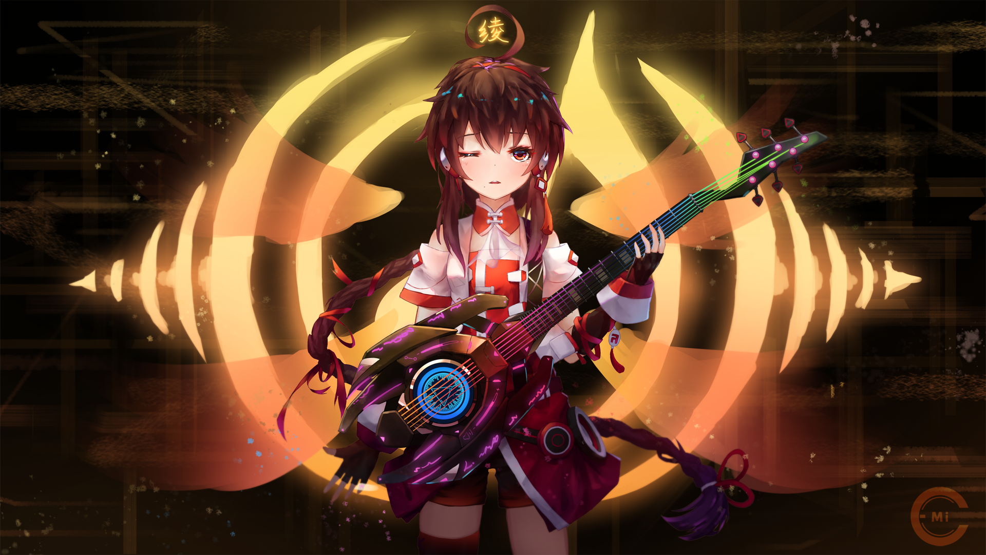 Yuezheng Ling Vocaloid anime HD desktop wallpaper — red-haired singer in cosmic outfit, playing electric guitar before a glowing soundwave halo and neon stage.