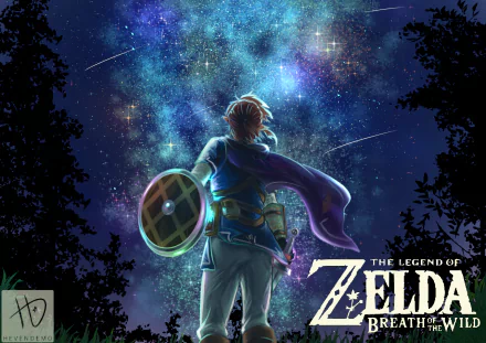 HD desktop wallpaper featuring Link from The Legend of Zelda: Breath of the Wild looking up at a starry night sky, surrounded by silhouetted trees.