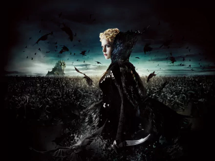 A dramatic HD wallpaper featuring Charlize Theron in Snow White and the Huntsman, showcasing an intense scene with dark elements and a mystical backdrop.