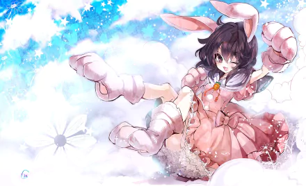 HD anime desktop wallpaper featuring Tewi Inaba from Touhou, depicted in a dynamic pose with bunny ears and gloves against a bright, snowy sky background.