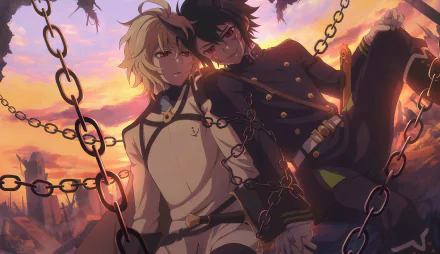 A vivid HD desktop wallpaper featuring Yūichirō Hyakuya and Mikaela Hyakuya from the anime Seraph of the End. The duo is depicted against a dramatic sunset backdrop, wrapped in chains.