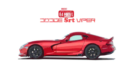 HD desktop wallpaper of a red Dodge Viper SRT. The car is shown in a side profile against a minimalist white background. Text above the car reads Dodge SRT Viper with racing-themed details.