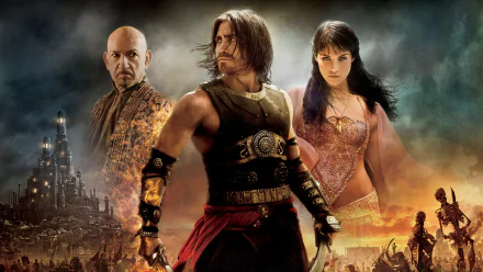 HD desktop wallpaper featuring Gemma Arterton and Jake Gyllenhaal in the movie Prince of Persia: The Sands of Time, with an intense desert palace background.