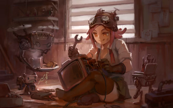 An HD desktop wallpaper featuring a scene from My Hero Academia. The image shows an anime character with pink hair working with electronic gadgetry in a dimly lit workshop.