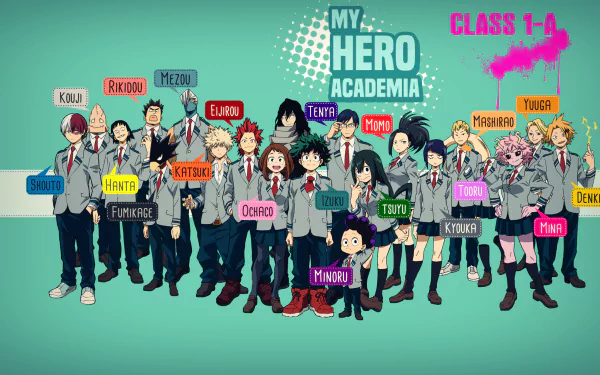 HD wallpaper featuring characters from My Hero Academia's Class 1-A in their school uniforms. Characters like Izuku Midoriya, Katsuki Bakugou, Ochaco Uraraka, and Shouta Aizawa are included.