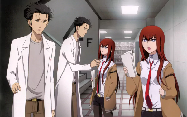 A 4K Ultra HD anime wallpaper featuring Rintaro Okabe and Kurisu Makise from Steins;Gate, standing and interacting in a hallway setting.