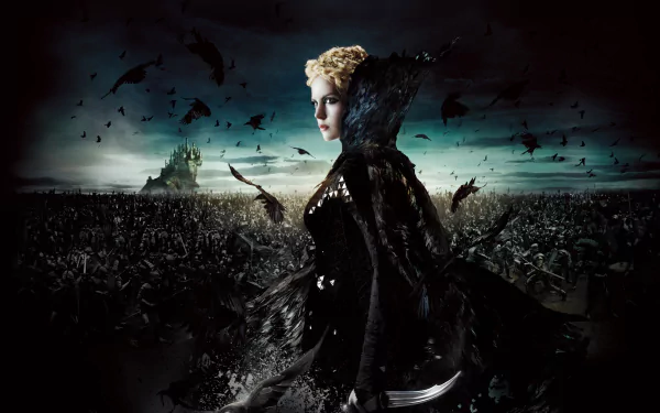 A dramatic HD wallpaper featuring Charlize Theron in Snow White and the Huntsman, showcasing an intense scene with dark elements and a mystical backdrop.