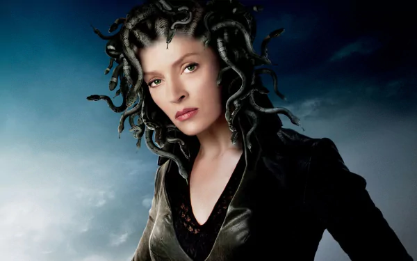HD PC desktop wallpaper: Medusa from Percy Jackson & the Olympians: The Lightning Thief — a woman with living snake hair posed against a stormy sky.