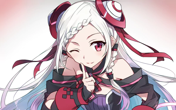 HD desktop wallpaper of Yuna from the anime Sword Art Online Movie: Ordinal Scale, with a confident and playful pose, featuring her distinctive white hair and red, black, and white outfit.