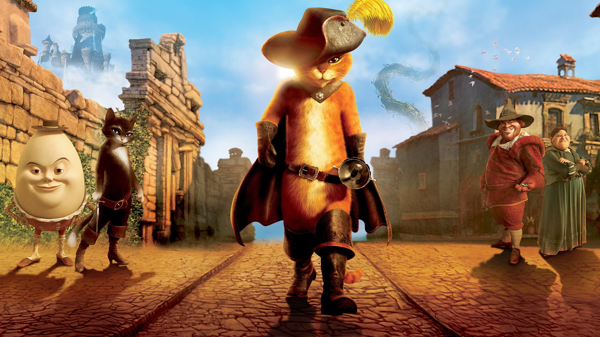 HD PC desktop wallpaper featuring Puss in Boots and other characters from the movie Puss in Boots walking confidently through an ancient village street.