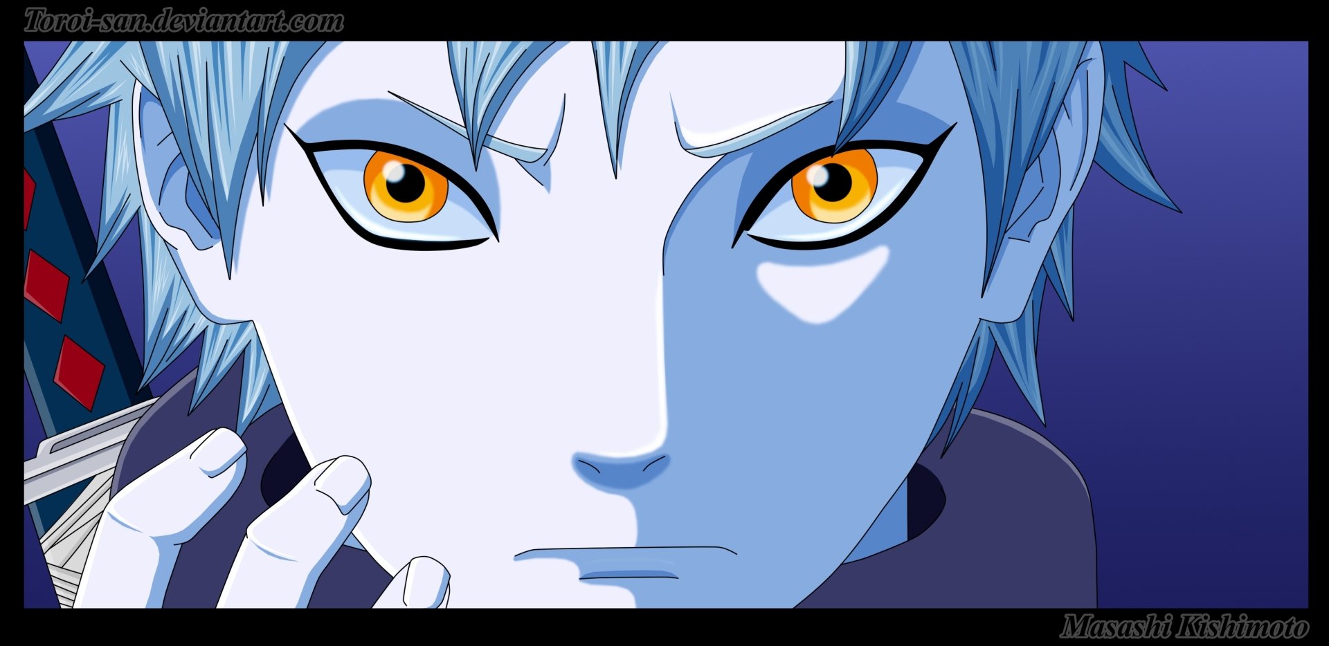 Close-up HD anime wallpaper of Mitsuki from Boruto, showcasing his intense golden eyes and pale blue hair against a dark blue background.