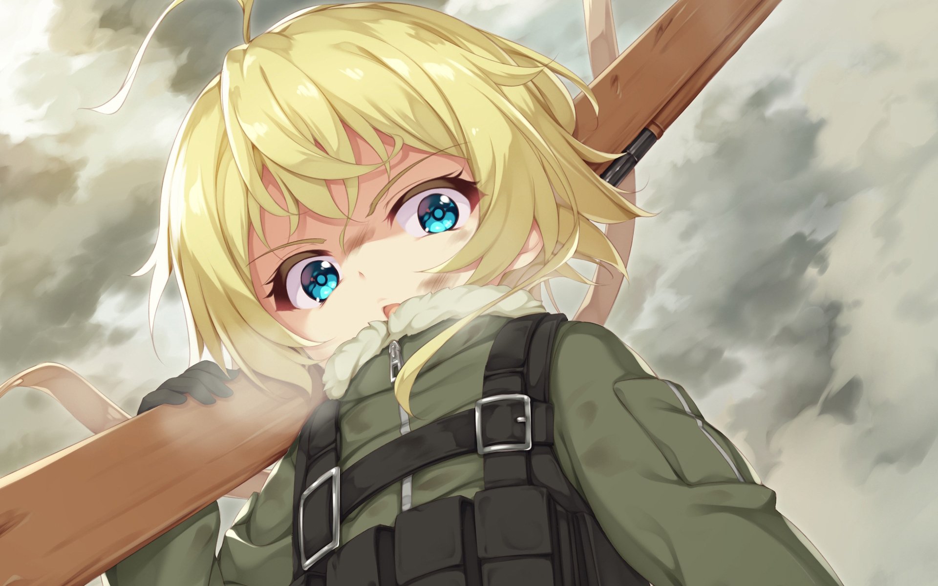 A dynamic HD wallpaper featuring Tanya Degurechaff from the anime The Saga of Tanya the Evil, showcasing her with striking blue eyes and a military outfit against a dramatic backdrop.