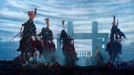 HD PC desktop wallpaper and background: scene from the movie Ran—armored samurai on horseback charging across a misty battlefield toward a torii gate, banners whipping in the wind.