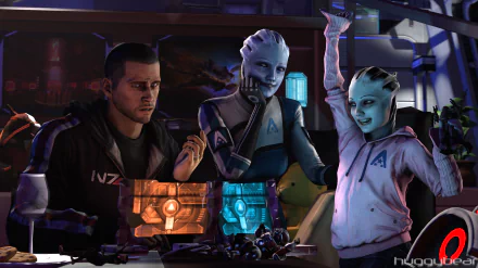 HD PC desktop wallpaper featuring Commander Shepard and Liara T'Soni from the Mass Effect video game series in a vibrant sci-fi setting.