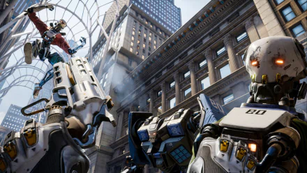 Dynamic HD desktop wallpaper from the video game Robo Recall, featuring a thrilling robot chase scene in an urban setting with towering buildings and intricate details.
